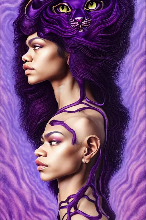 Image similar to zendaya with wavy dark purple hair coming out of the abyss with a panther on her shoulder, ultrafine hyperrealistic fantasy oil painting, art by ida outhwaite and loish, dreamy, surreal, trending on artstation, dungeons and dragons, intricate linework, sharp focus, smooth, unreal engine, dramatic lighting, 8 k,