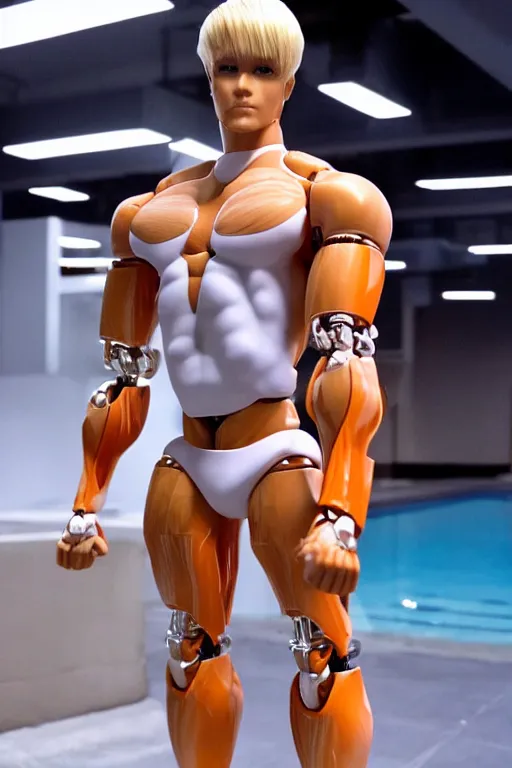 Image similar to a handsome bodybuilder with blonde hair who is also a male android robot, ken doll, muscular, wearing a cut-off white crop top and short light orange shorts stands by a swimming pool, shiny skin, robotic