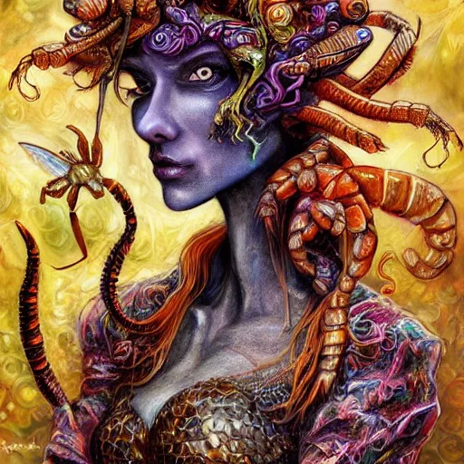 Prompt: portrait of a scorpion fairy, fantasy, whimsical, horror, art by josephine wall and and hr geiger and chengwei pan, intricately detailed, highly detailed, luxurious, elegant, clean, unsettling, trending on artstation