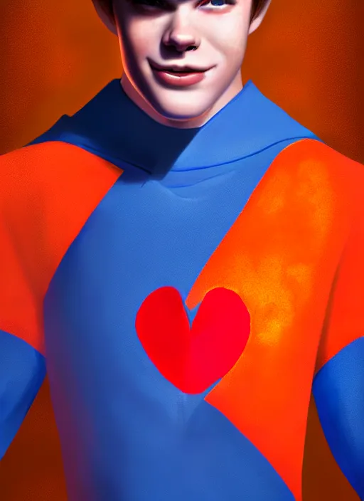 Image similar to friendly teenage archie andrews wearing an orange superhero costume with heart logo, heart, freckles, blue cape, heart emblem on chest, blue cape, intricate, elegant, glowing lights, highly detailed, digital painting, artstation, sharp focus, illustration, art by wlop, mars ravelo and greg rutkowski