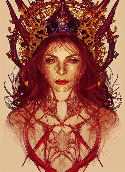 Image similar to A red Skeleton, golden crown, male, fantasy, extremely detailed, digital painting, artstation, concept art, smooth, sharp focus, illustration, stunning lighting, art by artgerm and greg rutkowski and alphonse mucha and simon stalenhag, realistic character concept, high fantasy, dark atmosphere, golden ratio, cinematic lighting, hyperdetailed, high resolution, insanely detailed and intricate, artstation, Marc Simonetti, Greg Rutkowski, 8k