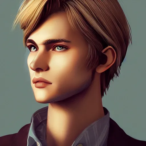 Image similar to a young blond man with long hair wearing a brown shirt, clean shaved, a character portrait by lydia field emmet, trending on cg society, photorealism, wiccan, handsome, ilya kuvshinov