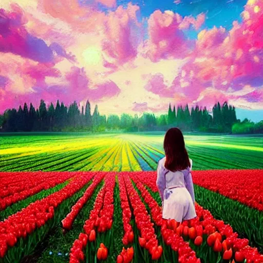 Image similar to large tulip in front of face, girl standing in a flower field, surreal photography, sunrise dramatic light, impressionist painting, colorful clouds, digital painting, artstation, simon stalenhag, flower face