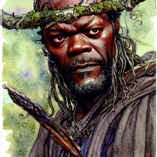 Image similar to a realistic and atmospheric watercolour fantasy character concept art portrait of samuel l. jackson as a druidic warrior wizard looking at the camera with an intelligent gaze by rebecca guay, michael kaluta, charles vess and jean moebius giraud