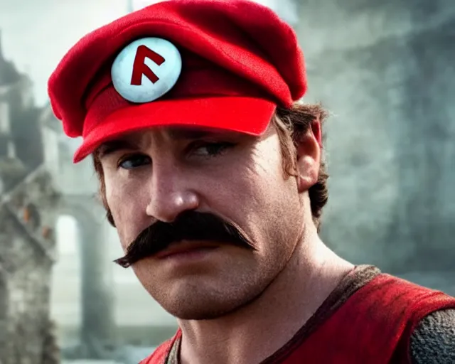 Image similar to promotional image of real life super mario in game of thrones, realistic, red cap, red clothes, detailed face, movie still frame, promotional image, imax 70 mm footage