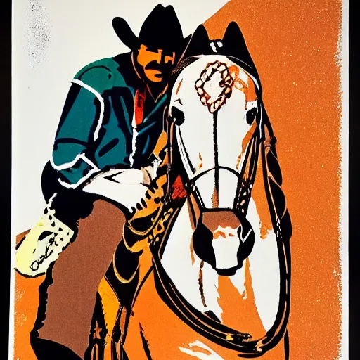 Prompt: cowboy outlaw sitting on a horse. serigraph. screen - printed. sun - bleached highlights on colt's face, hat in 4 colors