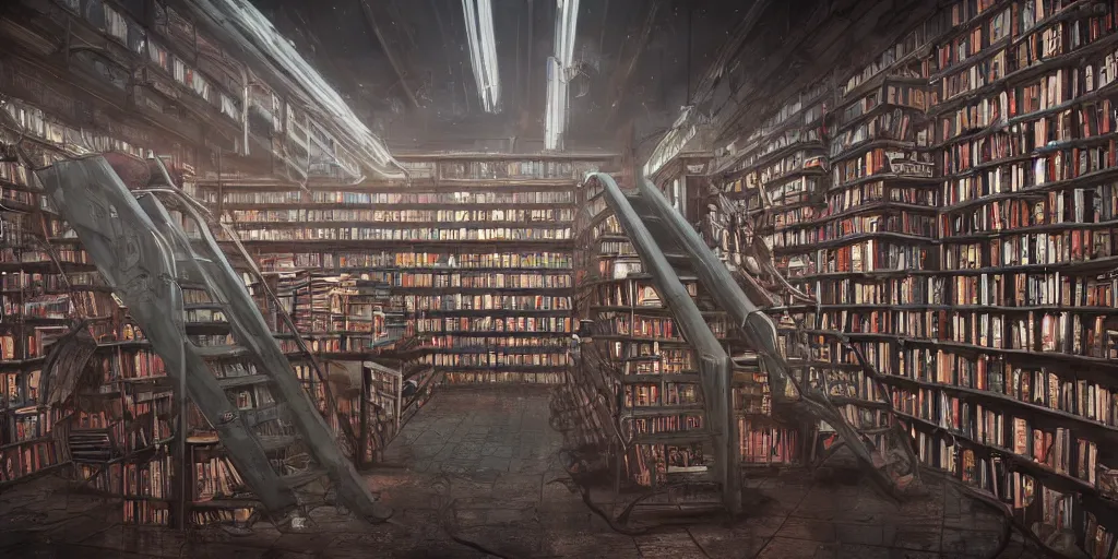 Image similar to cinematic shot of a vast interior of an old bookstore full of books with ladders and stairways, dystopian future, neon lights, sci - fi, night lights, haze, concept art, intricate, in the style of katsuhiro otomo, akira, unreal engine