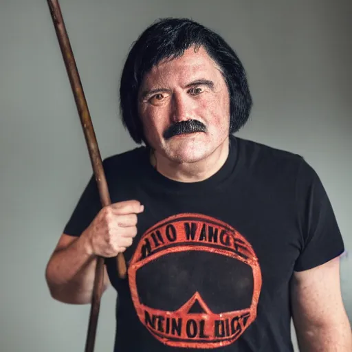 Prompt: a man with straight black hair a patch over one eye and a wooden walking stick wearing jeans and a t-shirt that reads go away, high resolution film still, 8k, HDR color