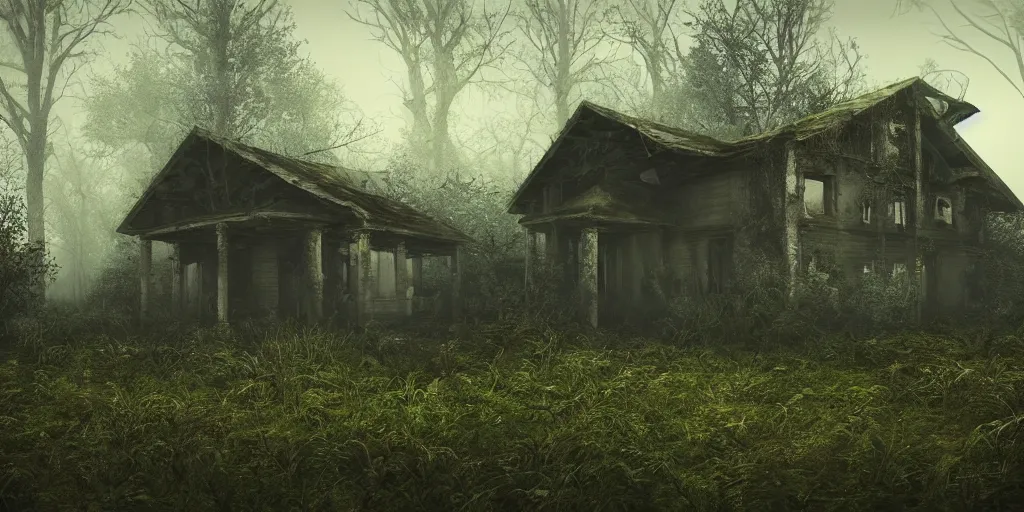 Image similar to photorealistic, ruined english bungalow at night, overgrown vegetation, in the forest, apocalypse, very dark, fog, skinny evil creatures, hell scape, horrifying, hyperrealistic, grimdark, artstation