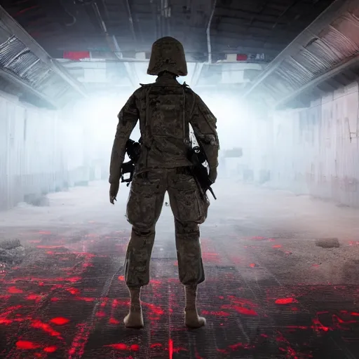 Image similar to Several soldiers, laser sights on weapons, cyber woman enemy robot nearby, dead soldiers on ground, meat, blood, bones, Abandoned night hangar, dim blue light, foggy room,-W 768