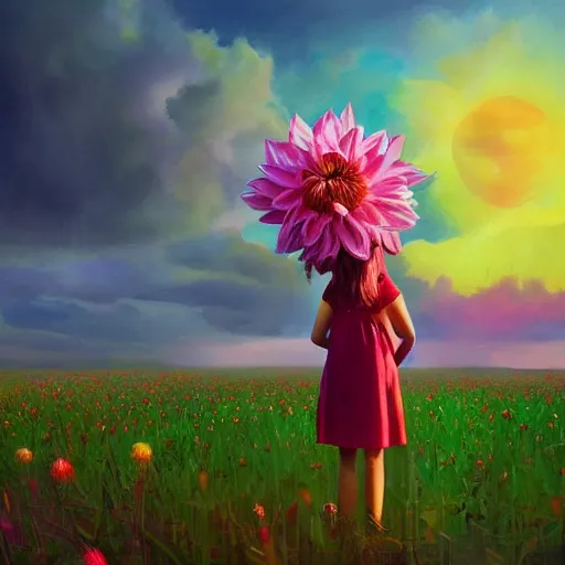 Image similar to giant dahlia flower as head, full body girl standing in a flower field, surreal photography, sunrise, dramatic light, impressionist painting, colorful clouds, digital painting, artstation, simon stalenhag