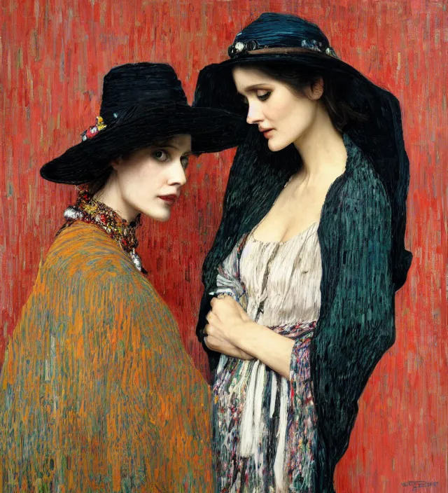 Image similar to portrait of fashionable young woman wearing rich jewerly hat and boho poncho into concrete hitech interior, eva green and Gemma Arterton, red light, dark make up on her face sitting dynamic pose, Low poly, thunder clouds in the sky, artwork by john william waterhouse and Denis Sarazhin and klimt and rhads and van gogh and Dean Ellis and Detmold Charles Maurice, levitation, industrial rusty pipes, simple form, brutal shapes