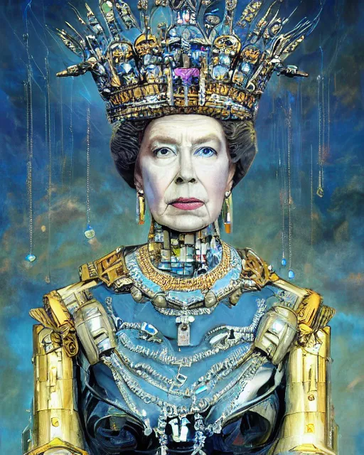 Prompt: portrait of a cyborg queen elizabeth, shattered glass, regal jewellery, crown, cinematic light, backlight, blue sky gold, mist, clouds, by mikhail vrubel, by philippe druillet, by wlop, by peter elson, by gerald brom, muted colors, ( extreme detail ), trending on artstation, 8 k