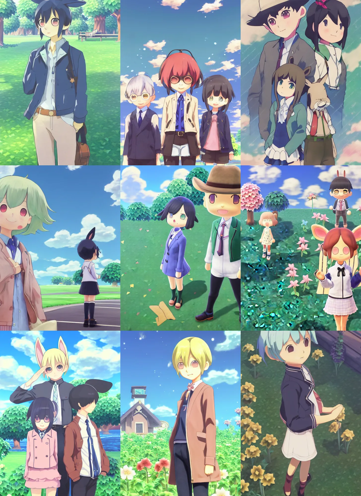 Prompt: beautiful anime art by Makoto Shinkai, Rating:g, Tags: rabbit ears, gijinka, rabbit character, ((animal_crossing)) sasha_(animal_crossing) highres, animal_ears aqua_hair blonde_hair blue_eyes blue_jacket blush character_name cowboy_shot green_background hand_up jacket letterboxed letterman_jacket long_sleeves looking_at_viewer male_focus multicolored_hair, personification rabbit_boy rabbit_ears, rabbit_tail, short_shorts shorts, smile, sparkle star_(symbol), tail, two-tone_hair waving white_background white_shorts