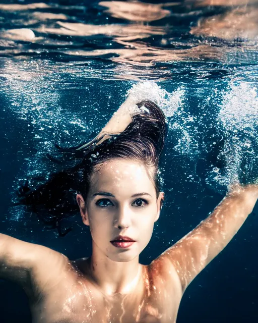 Image similar to a portrait photo of a beautiful young woman floating underwater with reflections, serene and beautiful, dark background, single top lighting