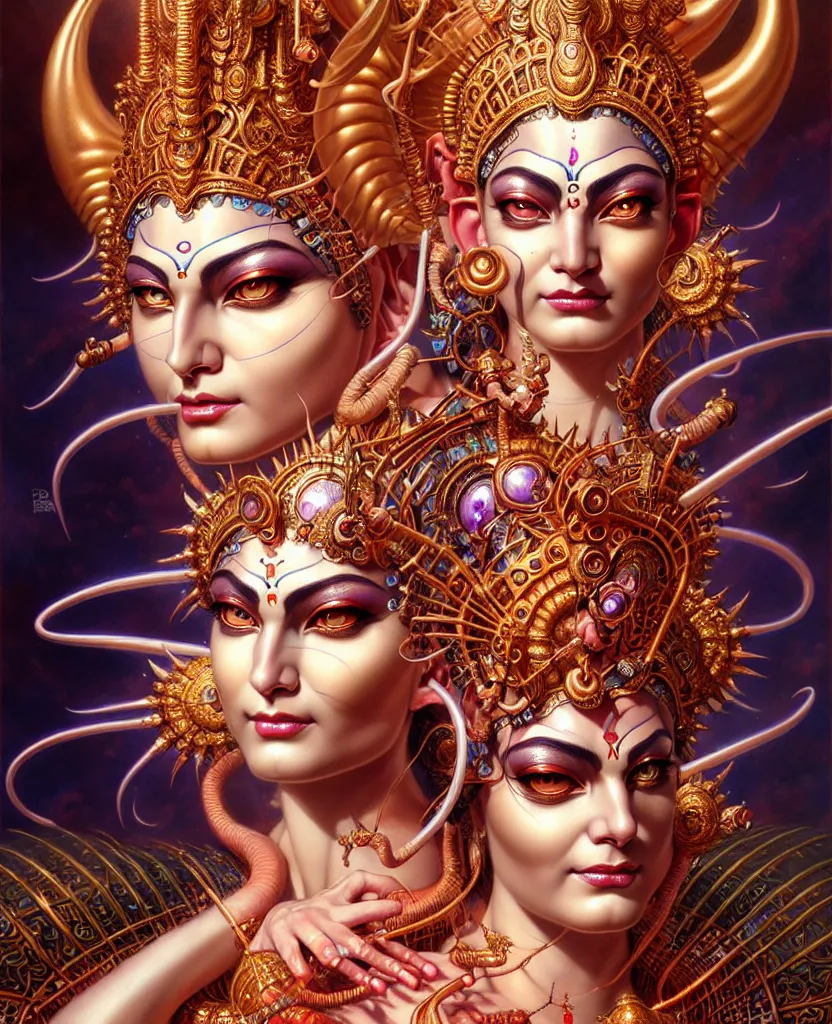 Prompt: beautiful goddess durga fantasy character portrait, close - up, headshot, ultra realistic, wide angle, intricate details, the fifth element artifacts, highly detailed by peter mohrbacher, hajime sorayama, wayne barlowe, boris vallejo, aaron horkey, gaston bussiere, craig mullins