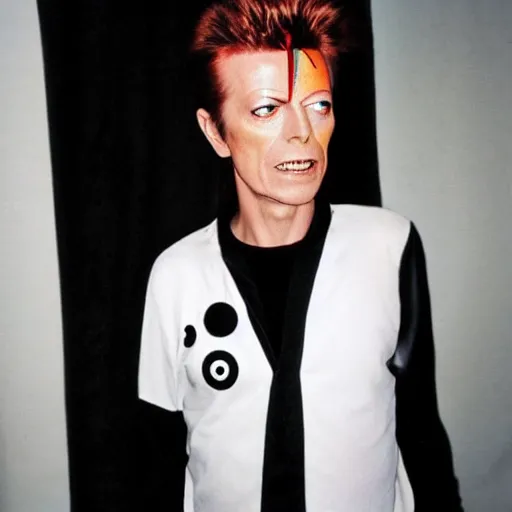 Prompt: david bowie wearing a yin - yang daoism dao symbol shirt, tarkofsky style