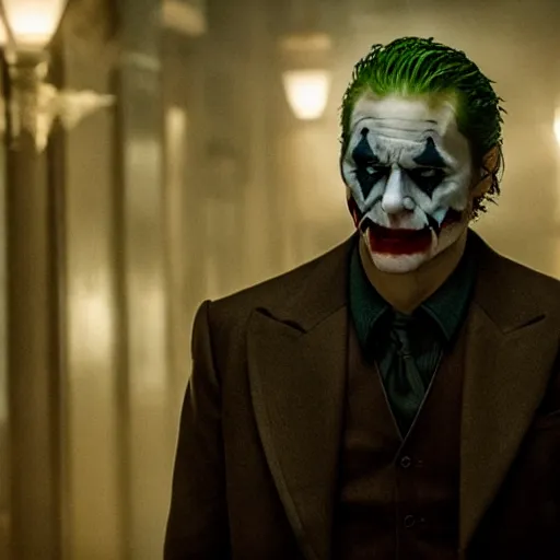 Image similar to still from the movie joker played by mads mikkelsen, directed by martin Scorcese, award-winning cinematography, bokeh,