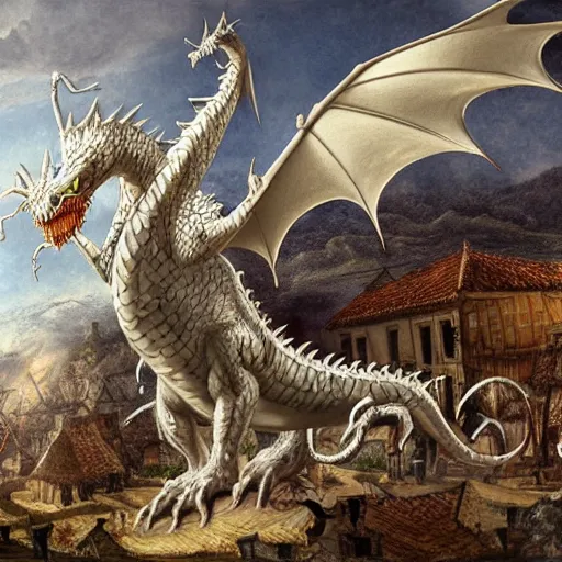 Prompt: an evil white dragon attacking a village, by Ciruelo Cabral, detailed, realistic, masterpiece