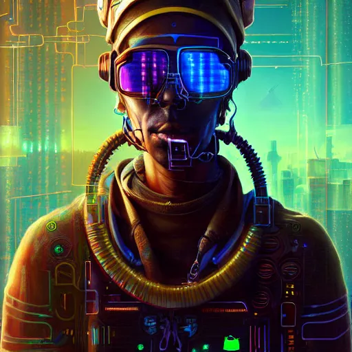 Prompt: a dogon cyberpunk hacker, steampunk stargate by greg rutkowski and android jones in a surreal portrait style, oil on canvas, ancient cyberpunk 8k resolution