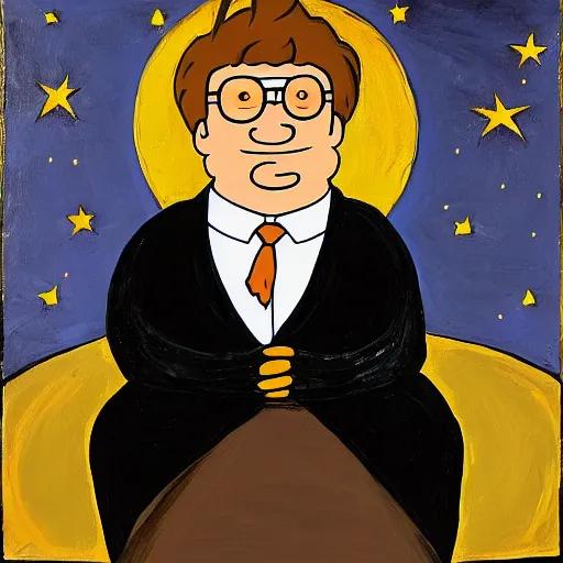 Image similar to Peter Griffin wearing a black robe and sitting on a golden throne on the moon, oil on canvas,