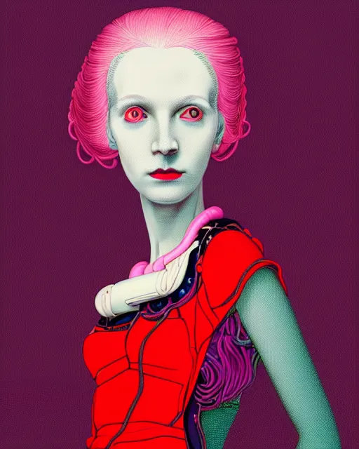Prompt: portrait of a young pale woman with lilac hair, wearing a neon red dress by Vivienne Westwood, intricate details, cyberpunk, super-flat, in the style of James Jean, Bartholomäus the Elder, black background