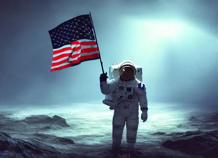 Image similar to astronaut holding a flag in an underwater desert. a submarine is visible in the distance. dark, concept art, cinematic, dramatic, atmospheric, 8 k, trending on artstation, blue, fish, low visibility, fog, ocean floor, christopher nolan, interstellar