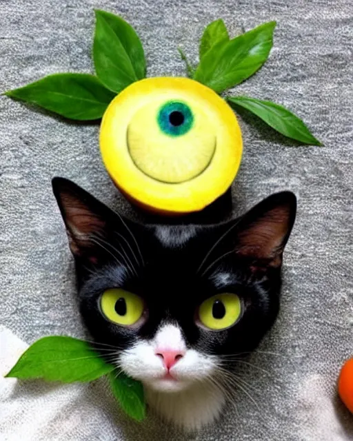 Image similar to a stunningly beautiful cat princess with googly eyes wearing fruit