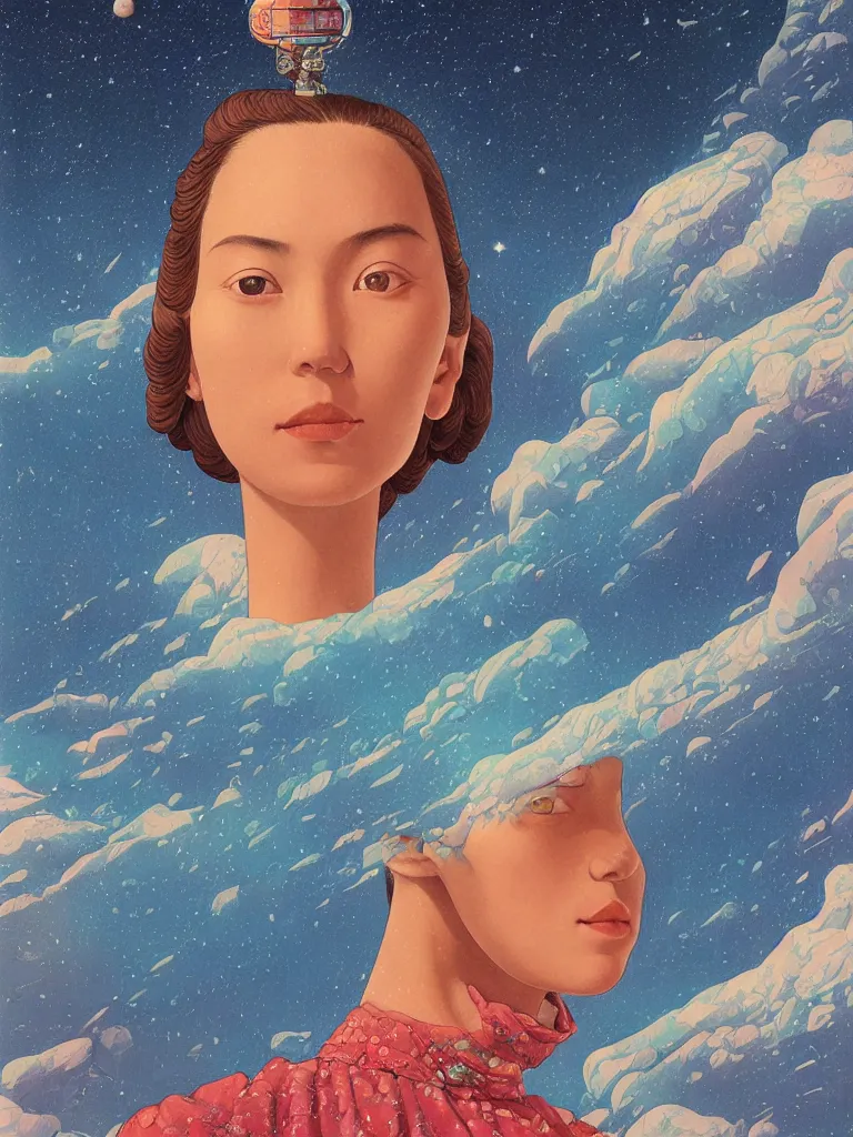 Prompt: a closeup hyperrealistic portrait of a young siberian woman with intricate details, floating in space and dreaming psychedelic hallucinations in the vast icy landscape of antarctica, volcano lava drips in antigravity of the cosmos by kawase hasui, moebius and edward hopper, colorful flat surreal design, hd, 8 k, artstation