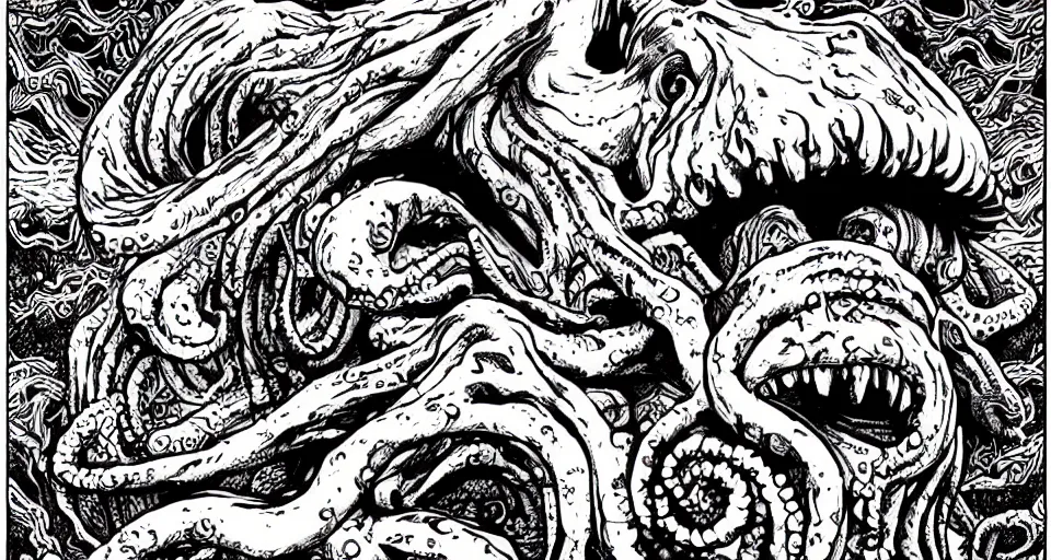 Prompt: cthulhu lovecraftian horror cinematic, in the style of junji ito, incredibly detailed, lineart, manga