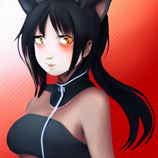 Prompt: tomboy anime girl with dark skin, black hair, wolf ears and glowing orange eyes, deviantart, artstation