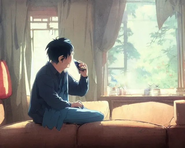 Image similar to a 50 year old brunnete happy chinese man with puffy cheeks sitting on a couch at home and talking on the phone with a worried face, anime art, Greg Rutkowski, studio ghibli, dramatic lighting