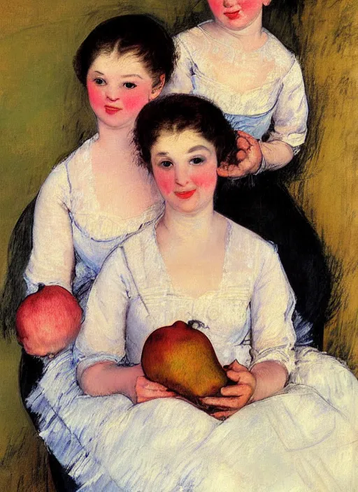 Prompt: vintage beautiful painting of two brides holding two pears in Mary Cassatt style