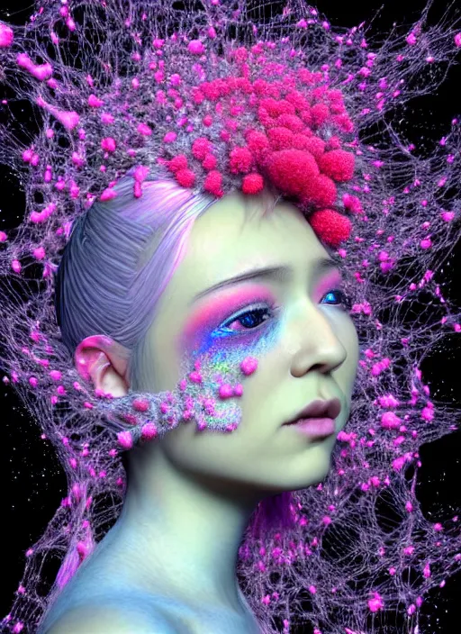 Image similar to hyper detailed 3d render like a Oil painting - kawaii Aurora (Singer) seen Eating of the Strangling network of yellowcake aerochrome and milky Fruit and Her delicate Hands hold of gossamer polyp blossoms bring iridescent fungal flowers whose spores black the foolish stars by Jacek Yerka, Mariusz Lewandowski, Houdini algorithmic generative render, Abstract brush strokes, Masterpiece, Edward Hopper and James Gilleard, Zdzislaw Beksinski, Mark Ryden, Wolfgang Lettl, hints of Yayoi Kasuma, octane render, 8k