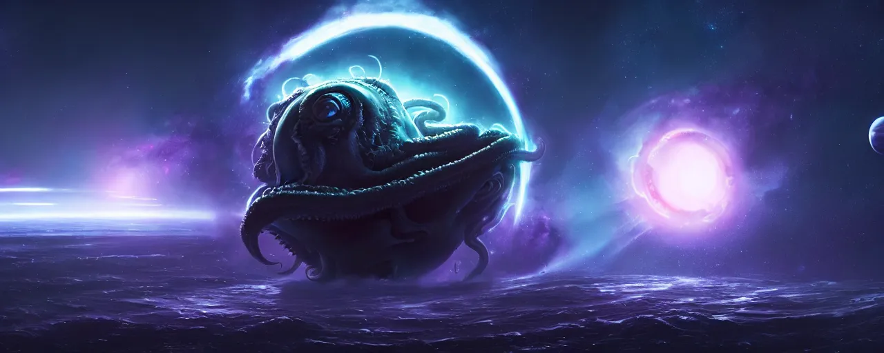 Prompt: A wide shot of a kraken elder god in space eating a planet, stars and a nebula in the background art by Maciej Kuciara and Jason Chan, ominous, cosmic horror, trending on artstation, Ultra detailed, hyper realistic 4k