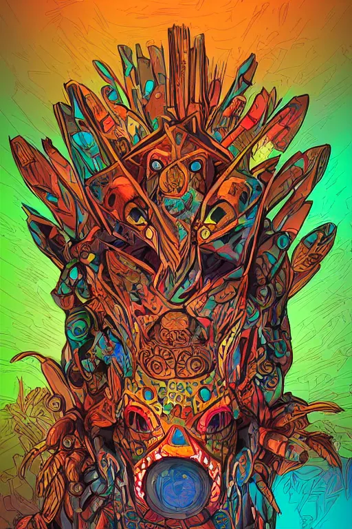 Image similar to totem animal tribal chaman vodoo mask feather gemstone plant wood rock video game illustration vivid color borderlands by josan gonzales and dan mumford radiating a glowing aura