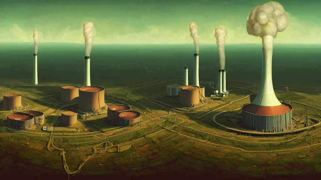 Image similar to A nuclear power plant in utopia by Simon Stålenhag and J.M.W. Turner, oil on canvas; Nuclear Fallout, Art Direction by Adam Adamowicz; 4K, 8K drone shot ; Ultra-Realistic Depth Shading;