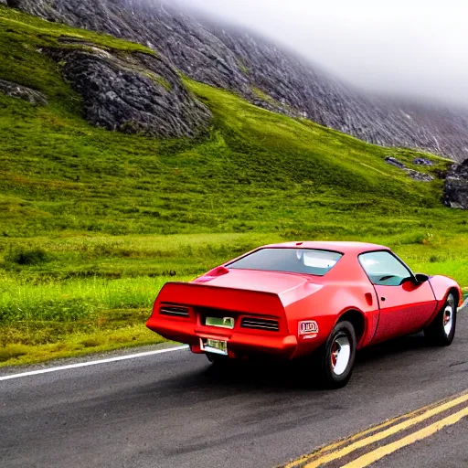 Prompt: pontiac firebird trans - am driving towards the camera, norway mountains, cinematic, motionblur, volumetric lighting, foggy, wide shot, low angle, large lightning storm, thunder storm, tornado