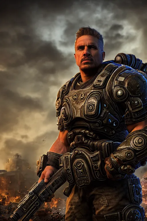 Image similar to Jordan B. Peterson as a muscular Gears of War character, photorealism, half body, HDR ambient background, unreal engine 5, hyperrealistic, highly detailed, XF IQ4, 150MP, 50mm, F1.4, ISO 200, 1/160s, cinematic lights, Adobe Lightroom, photolab, Affinity Photo, PhotoDirector 365, realistic