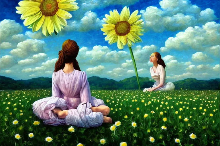 Image similar to giant daisy flower head, woman sitting, surreal, clouds in sky, impressionist painting, digital painting, artstation, rob gonsalves