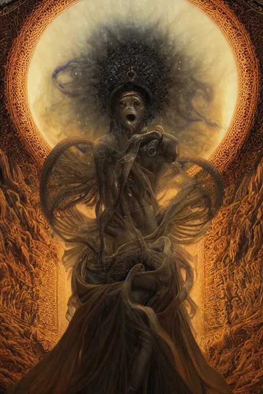 Image similar to Intricate stunning highly detailed deity by agostino arrivabene, Greg Rutkowski , surreal, digital painting, ultra realistic, Horror vacui, beautiful lighting, full moon, ravens, thick black swirling smoke tornado, burning fire embers, artstation