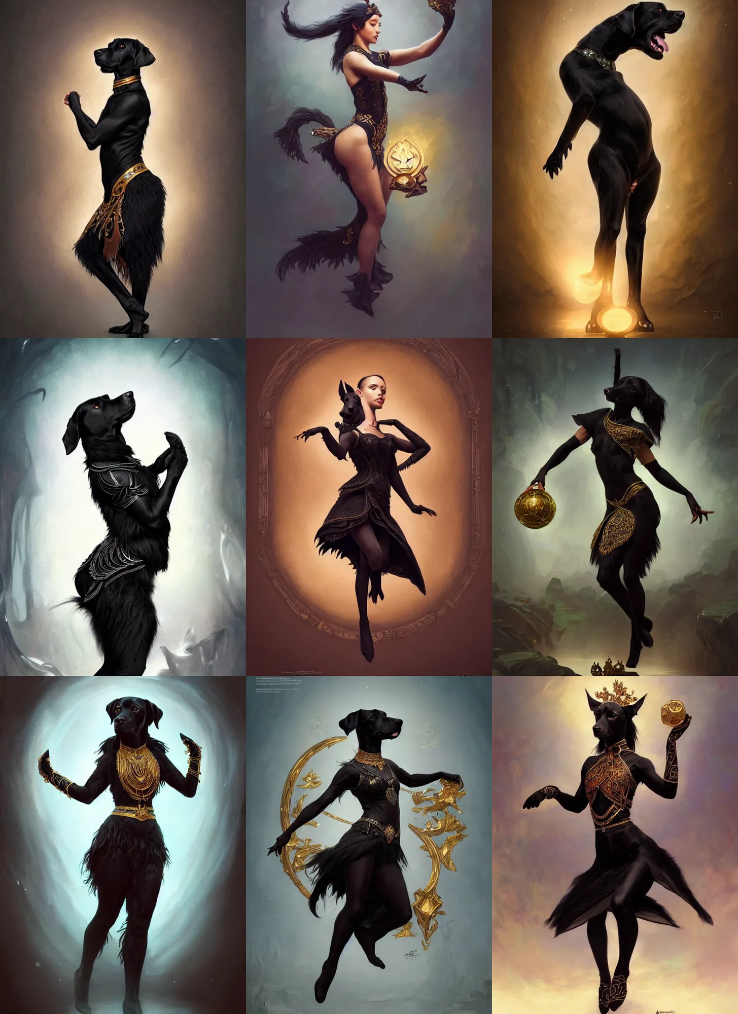 Prompt: full body photography of a female anthropomorphic black labrador dancer, deep focus, d & d, fantasy, intricate, elegant, highly detailed, digital painting, artstation, concept art, matte, sharp focus, illustration, hearthstone, art by artgerm and greg rutkowski and alphonse mucha