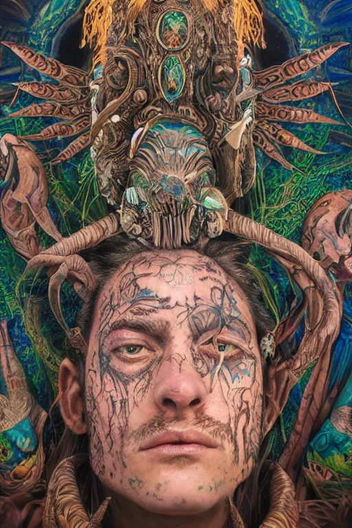 Prompt: hyperrealistic hyper detailed neo-surreal close-up 35mm portrait of levitating psychedelic shaman covered in Celtic tattoos, dinosaur head headdress, rococo matte painting concept art very dramatic lighting low angle hd 8k sharp shallow depth of field