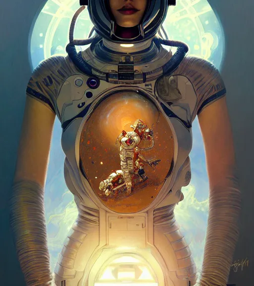 Image similar to psychoslayer, woman astronaut, intricate abstract. being entered by machine, portrait, highly detailed, deep focus, elegant, illuminated, elegant, highly detailed, digital painting, artstation, concept art, smooth, sharp focus, illustration, art by artgerm and greg rutkowski and alphonse mucha