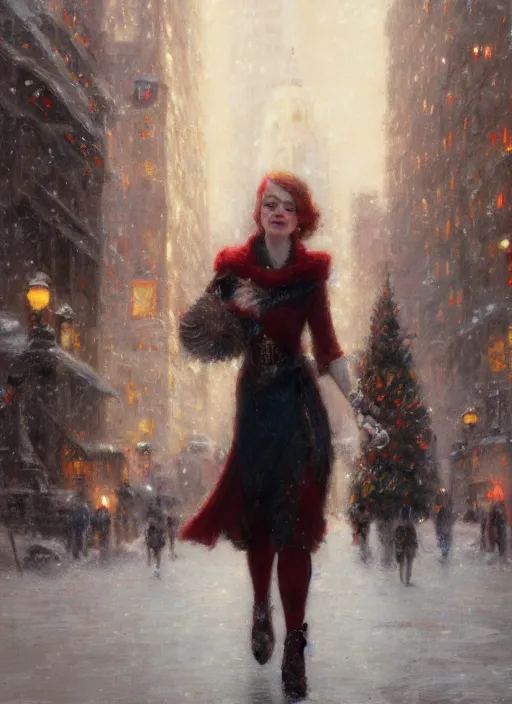 Prompt: emma stone walking into new york building, christmas, artwork by gaston bussiere, craig mullins, trending on artstation