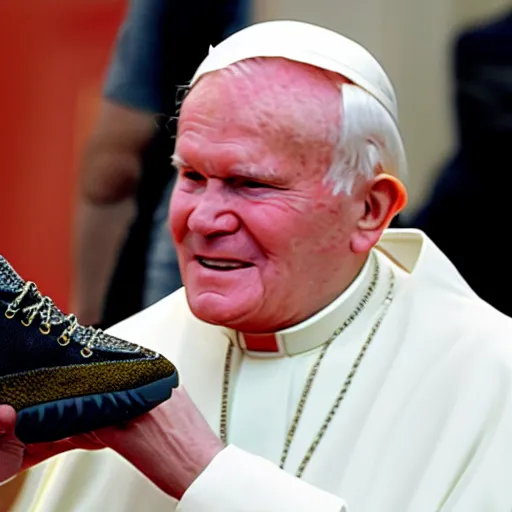 Image similar to john paul ii admiring a yeezy shoe sneaker which he holds in his hands