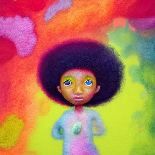 Prompt: a black girl with a colorful afro and big colorful eyes playing in the rain, bright colours, bokeh!! watercolor, volumetric wool felting, macro photography, children illustration, by goro fujita