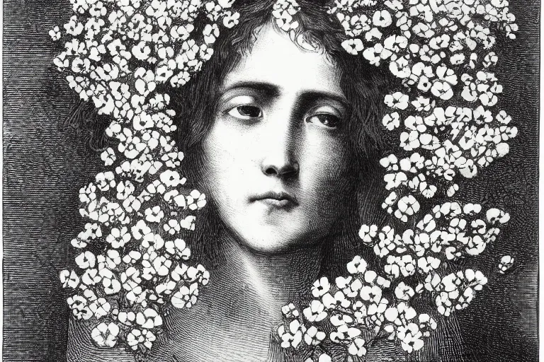 Prompt: black and white, close-up face of crying saint woman covered in flowers, Gustave Dore lithography