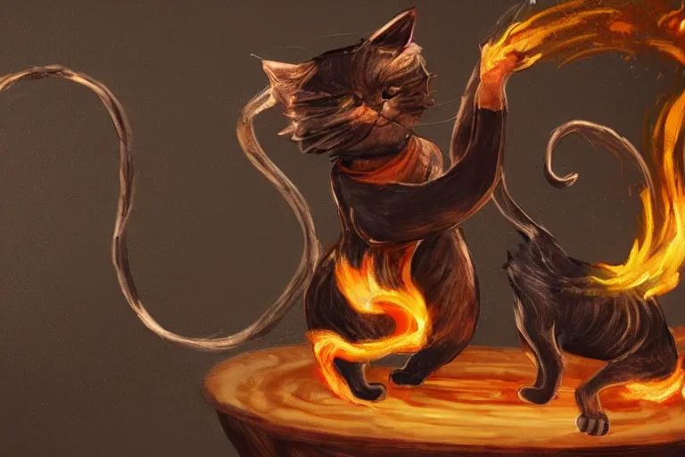 Image similar to a high detail paint of Two cats dancing around flaming earthenware, in simple background, concept art, mad painting