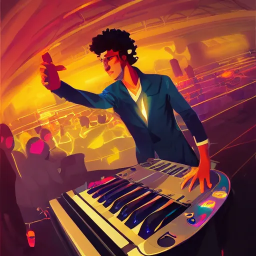 Image similar to night fever, a dj creating illegal disco music, digital painting, artstation, ristan eaton, victo ngai, artgerm, rhads, ross draws, anime styled, hd, 4 k